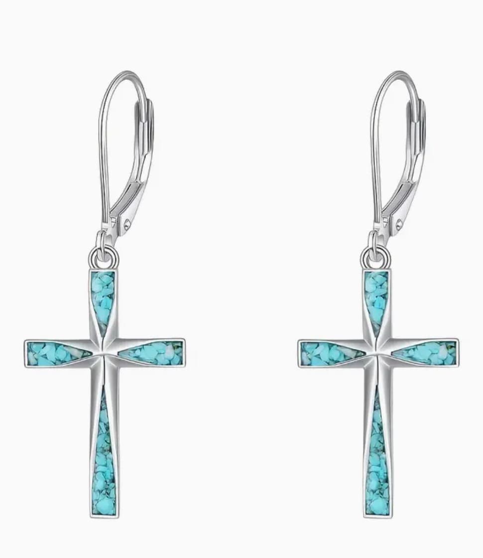 Cross with inlaid greenstones inside Earrings, New #AB-376-R2 Unbranded Jewelry & Watches:Fashion Jewelry:Earrings