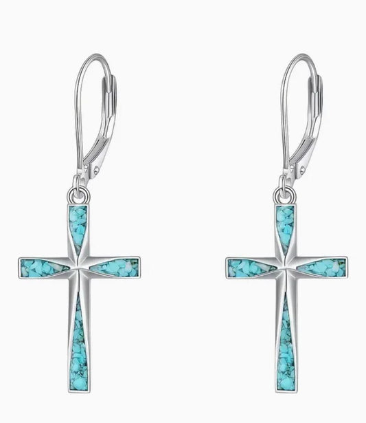 Cross with inlaid greenstones inside Earrings, New #AB-376-R2 Unbranded Jewelry & Watches:Fashion Jewelry:Earrings