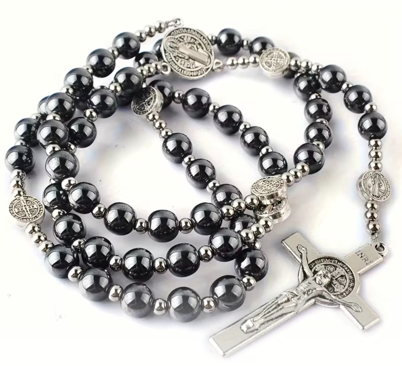 Saint Benedict Black Obsidian (Medium) Rosary, New #Gftshp-228