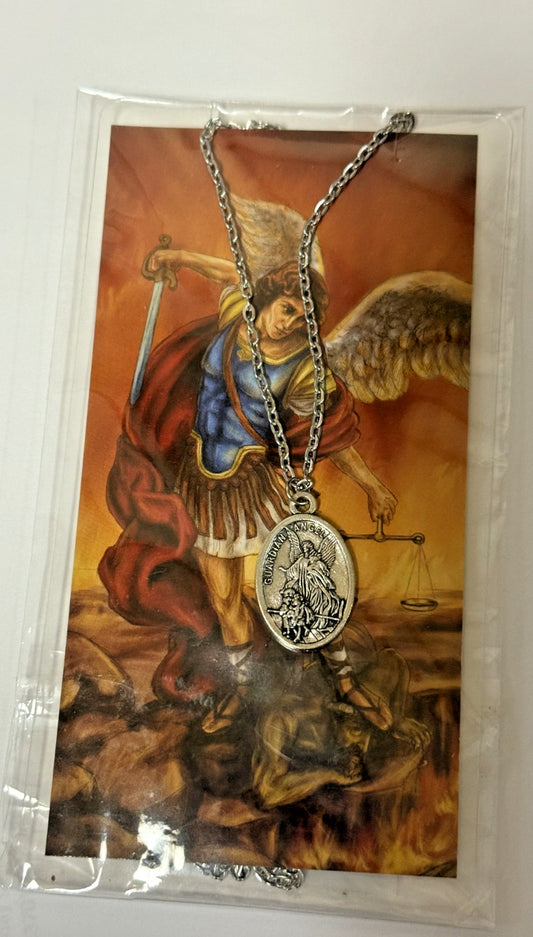 St Michael + Guardian Angel Prayer Card + Medal & 20" Chain, New #AB-031