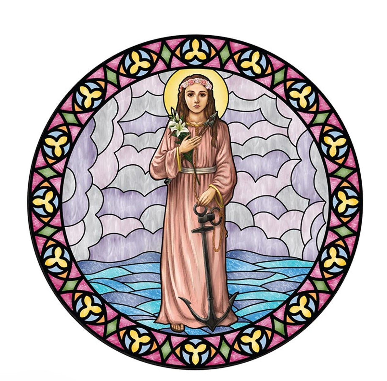 Saint Philomena stained glass static decal, Christian religious collectible featuring vibrant colors and detailed holy imagery.
