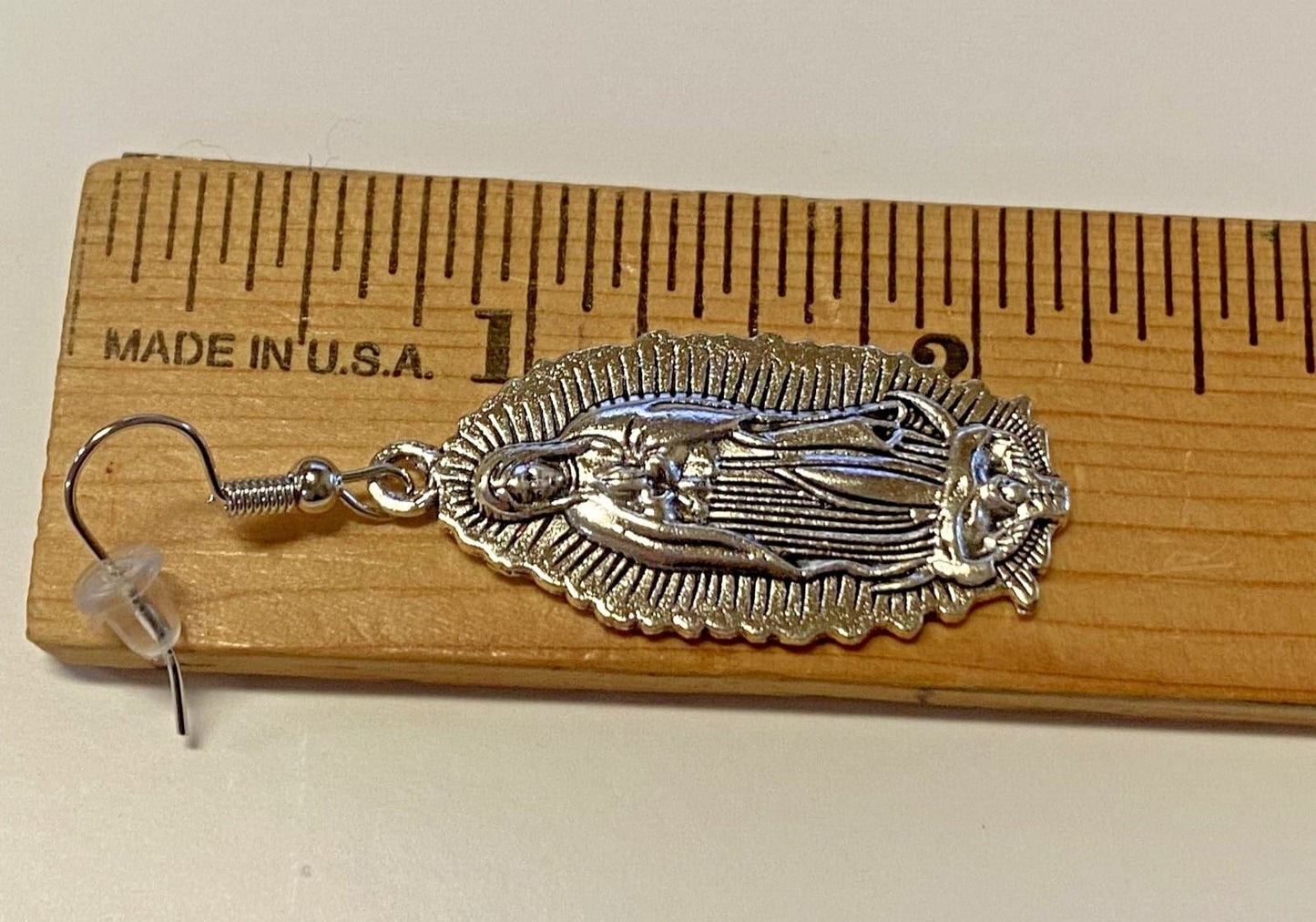 Lady of Guadalupe dangle earrings, 2 1/8 inches, featuring religious jewelry design with detailed image of unbranded fashion earrings