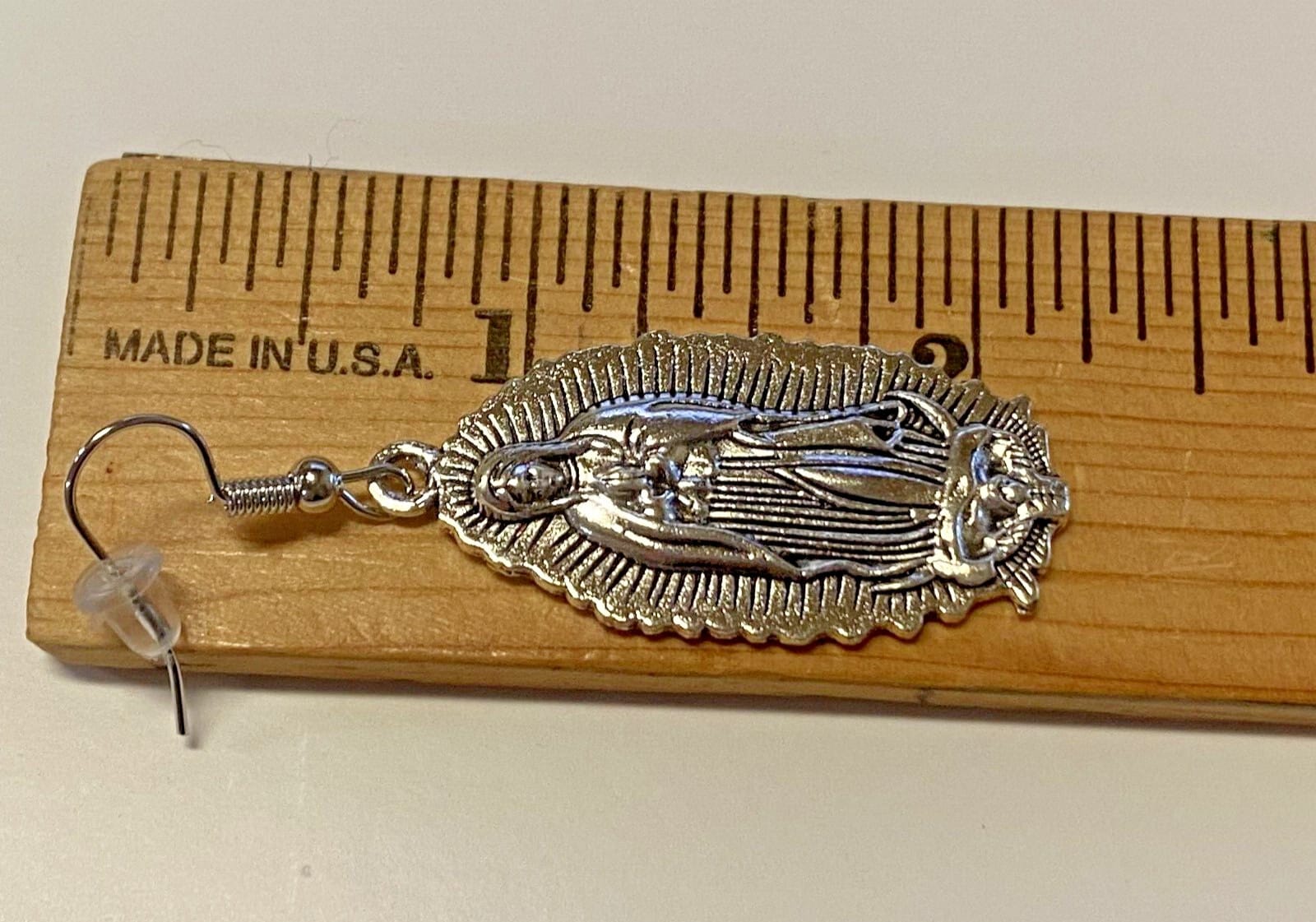 Lady of Guadalupe dangle earrings, 2 1/8 inches, featuring religious jewelry design with detailed image of unbranded fashion earrings
