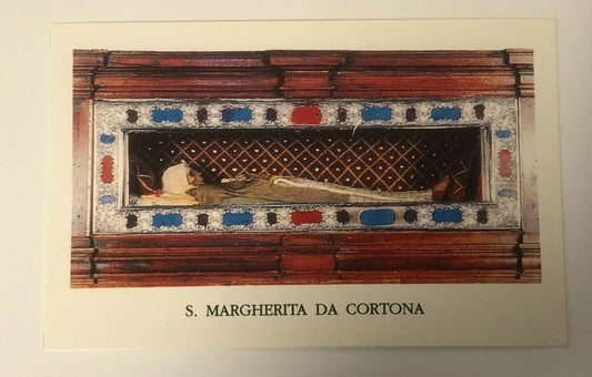 Italian Saint Margaret of Cortona prayer card by Bob and Penny Lord, featuring religious imagery and Christian holy card design.