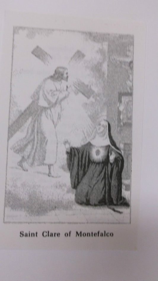 Black and white Saint Clare of Montefalco prayer card from Italy, religious Christian Holy Card by Bob and Penny Lord.