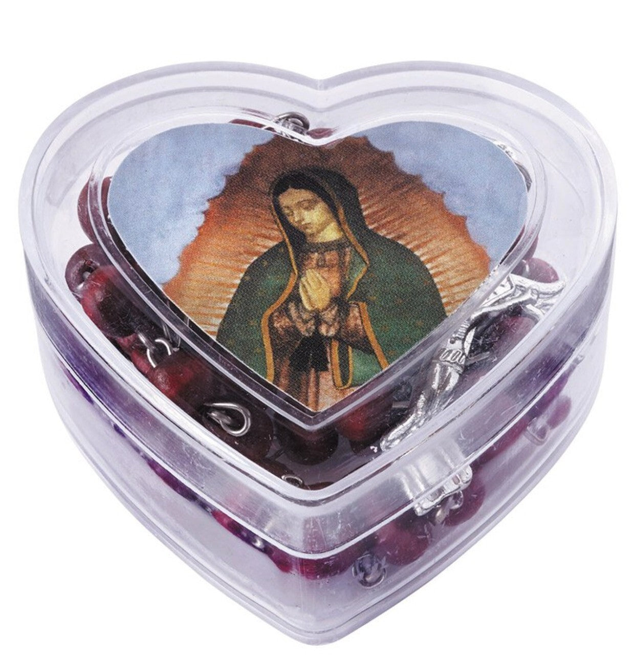 Lady of Guadalupe rose-scented rosary with beads and medal, religious Christian collectible from Bob and Penny Lord.