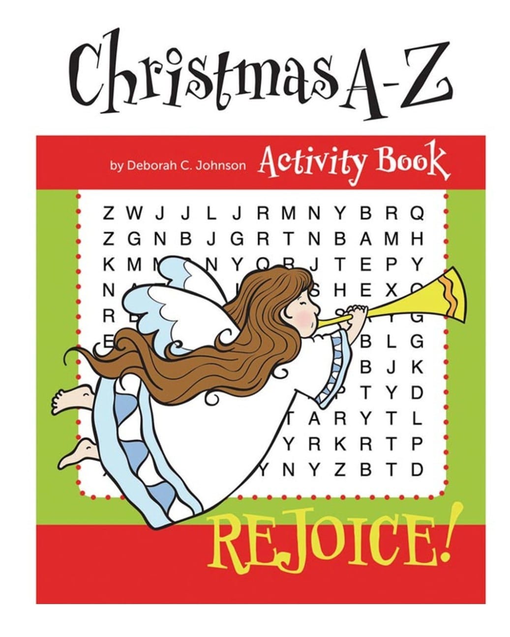 Colorful Christmas A-Z activity book for children by Journeys of Faith, featuring festive Christian-themed activities and illustrations.