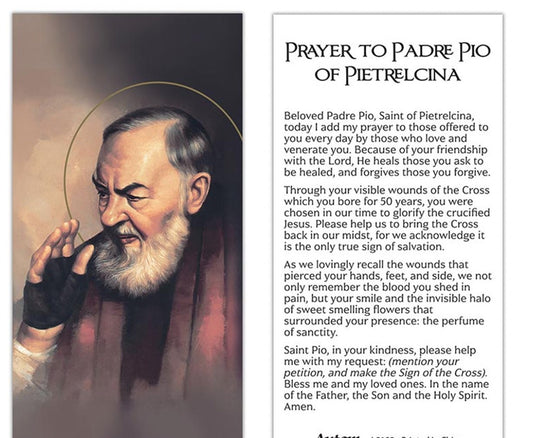 Padre Pio prayer card with medal and 20-inch chain, religious Christian collectible by Bob and Penny Lord.