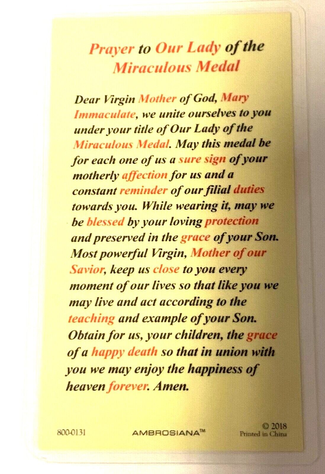 Our Lady of the Miraculous Medal Laminated Prayer Card, New - Bob and Penny Lord