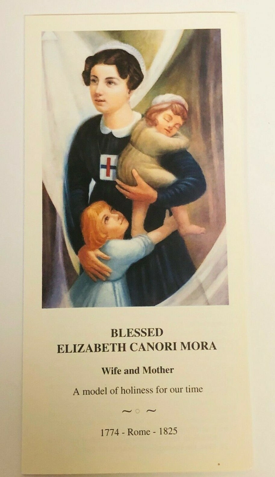 Blessed Elizabeth Canori Mora biography with prayer Holy Card, religious collectible from Bob and Penny Lord, featuring religious imagery.