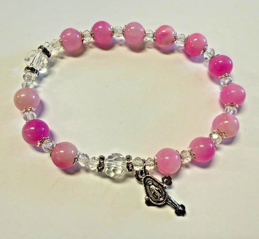 Our Lady of Grace Pink Jade Rosary Bracelet, New #Gftshp-152