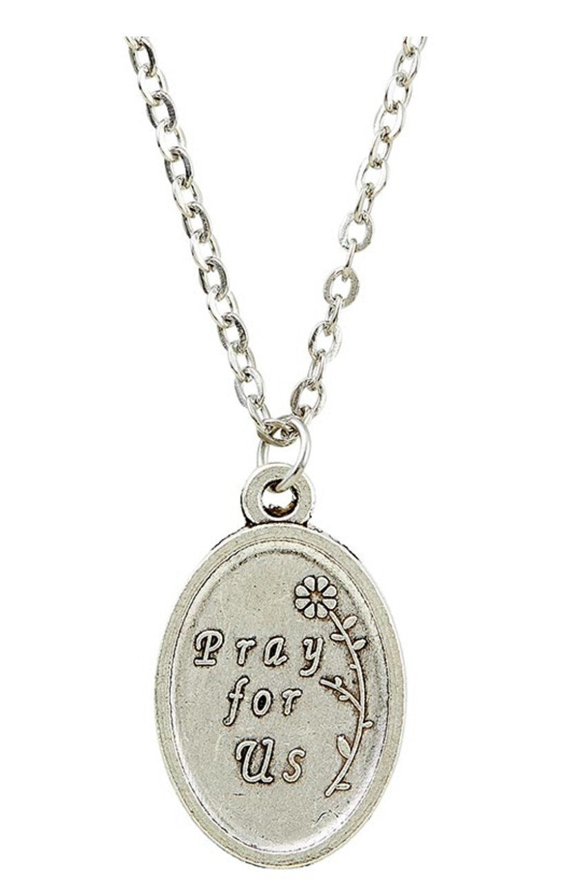 Saint Joseph prayer card with medal attached to a 20-inch chain, featuring religious imagery and Christian symbolism.