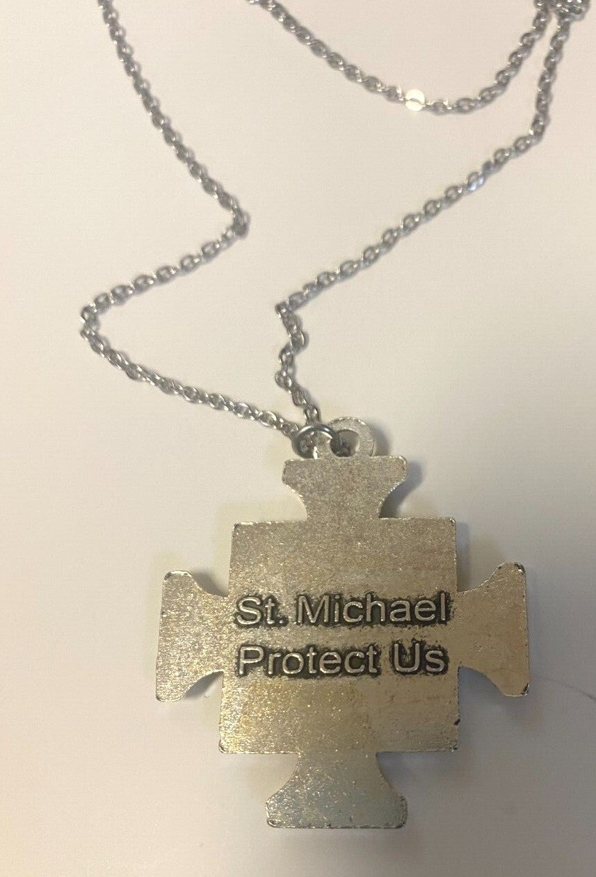 Gold and silver tone Saint Michael the Archangel iron cross pendant with detailed religious artwork by Bob and Penny Lord.