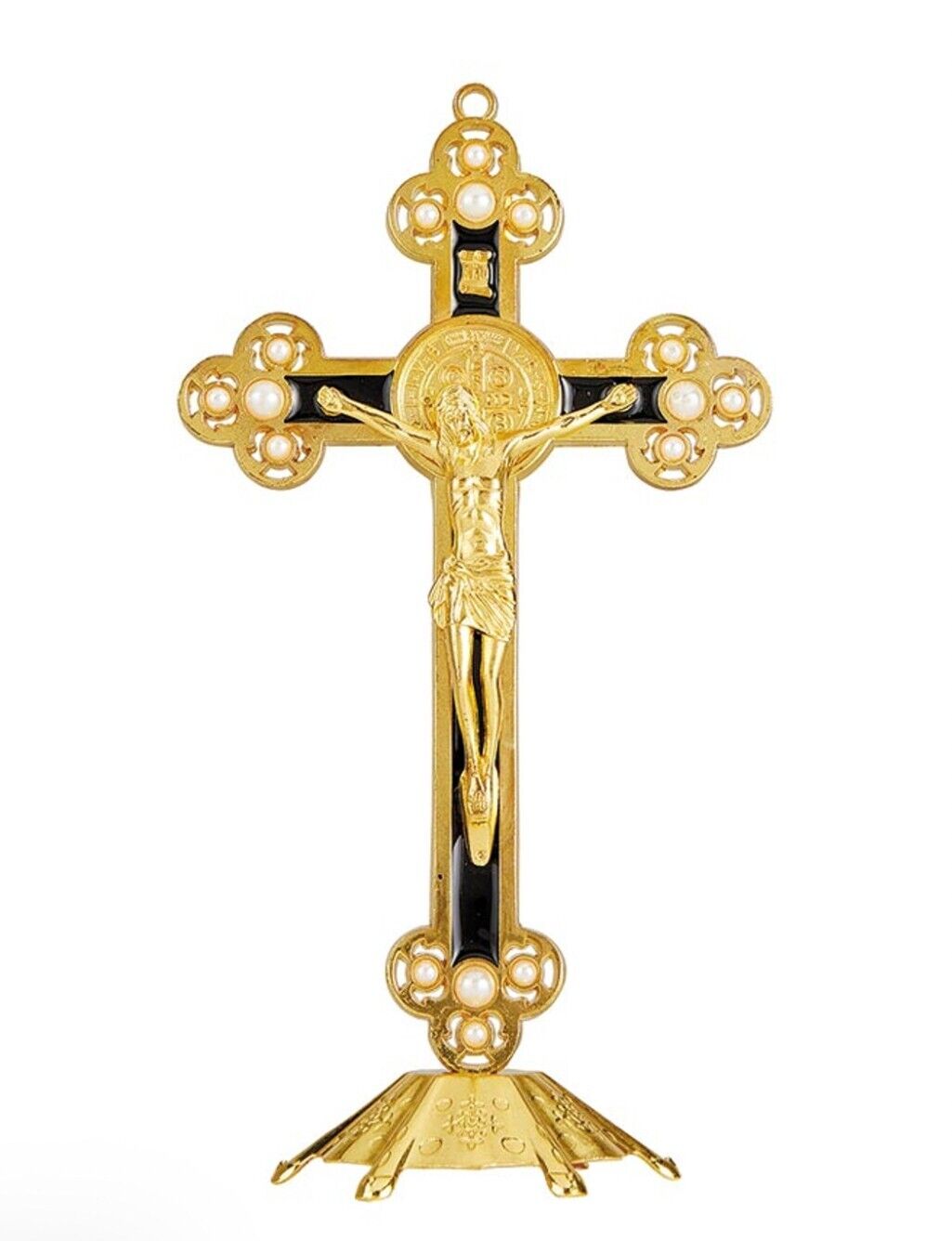 Saint Benedict Black & Gold with Pearls 8.75" Standing Crucifix, New #AB-241 - Bob and Penny Lord