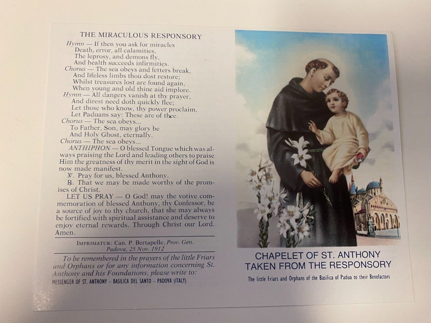 Chaplet of Saint Anthony taken from the Responsory Folder, New from Italy #PC-16