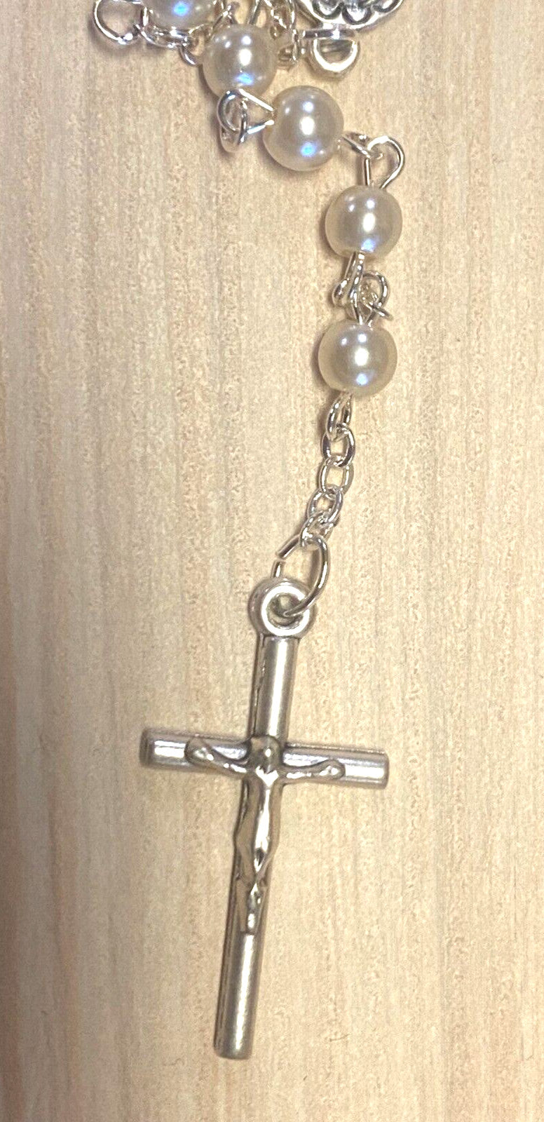 White Faux Pearl  Rosary 15" L , Necklace New from Jerusalem - Journeys of Faith