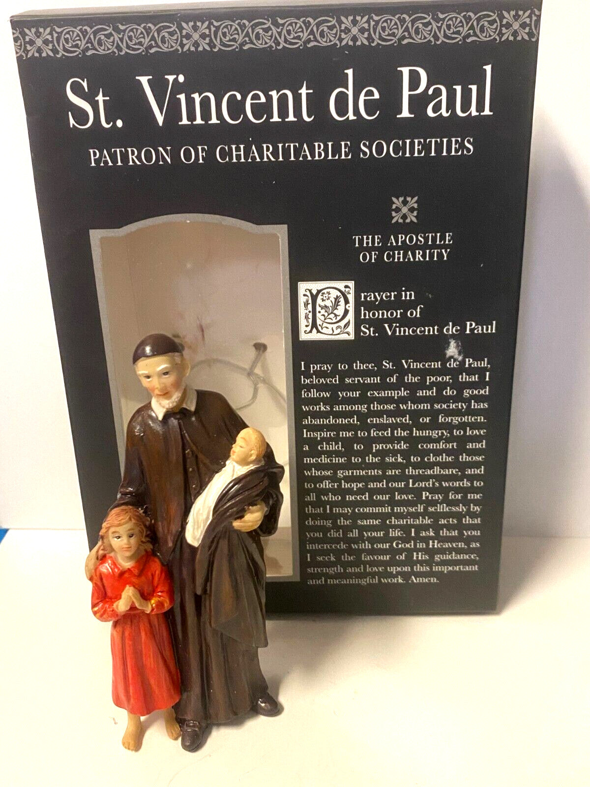 Small 3.5-inch Saint Vincent de Paul statue with prayer card, from Bob and Penny Lord Journeys of Faith collectible series.