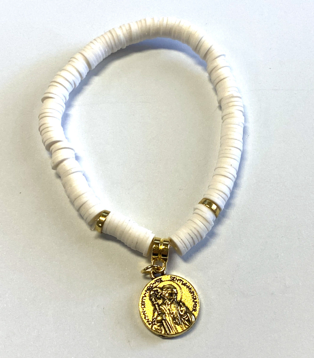 Saint Benedict Medal Puka Shell  7" Bracelet,  New - Bob and Penny Lord