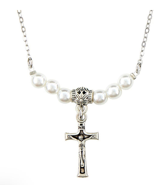Silver  1" Crucifix Necklace with Faux Pearls, New #AB-353-R2 - Journeys of Faith