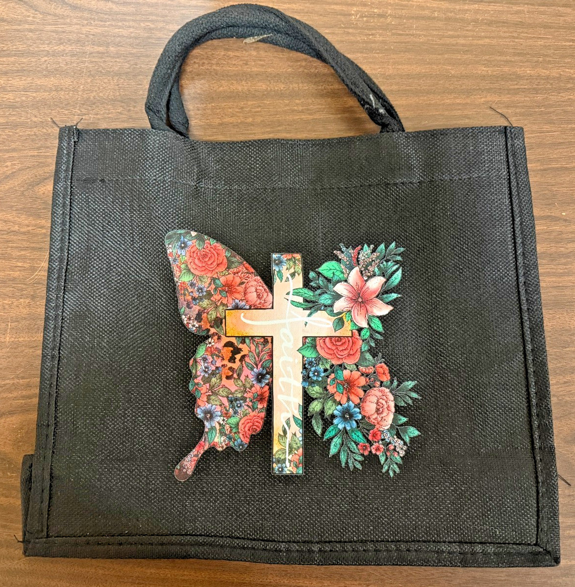 Black 2 pc Tote Bag, with a floral butterfly and cross, print, New #Gftshp-226