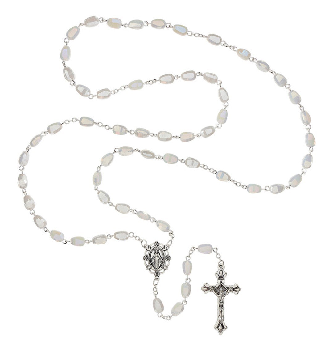 Iridescent White Crystal Miraculous Medal Rosary, New Gftshp-159