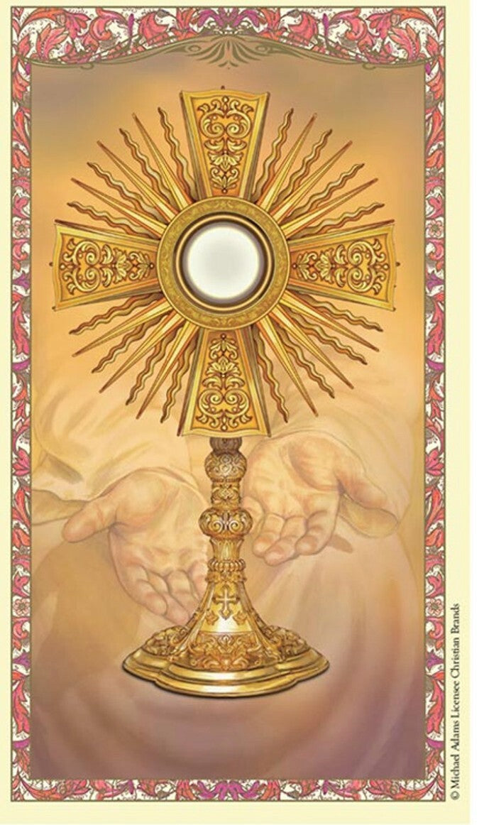 Laminated Holy Card featuring "Una Hora con Jesús en el Sagrado Sacramento" with religious imagery, from Bob and Penny Lord Journeys of Faith.
