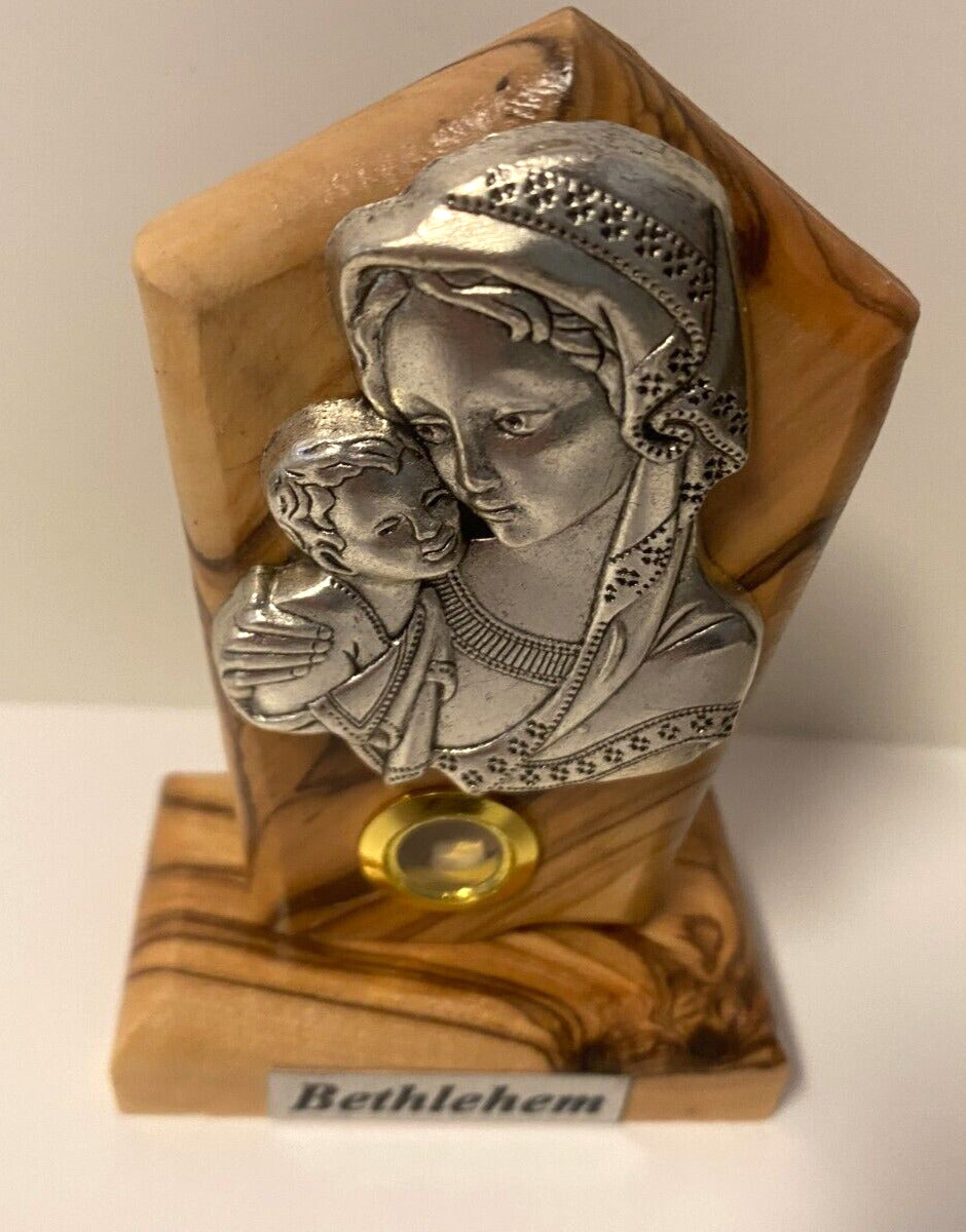 Blessed Mother with Child Pewter Image set on Wood, Small, New from Bethlehem - Bob and Penny Lord