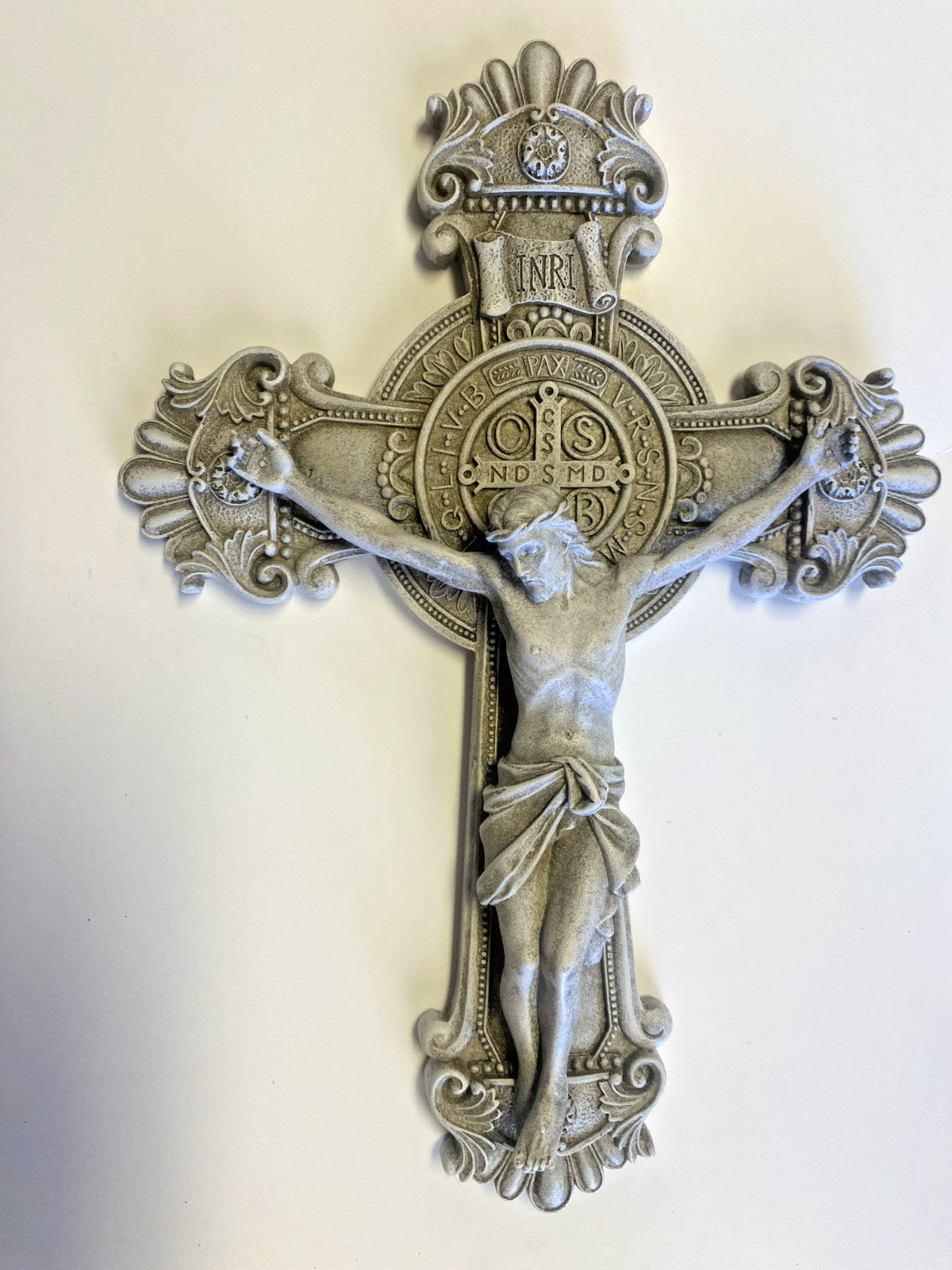 Saint Benedict stone crucifix, 10.5 inches, religious Christian cross collectible with detailed craftsmanship, by Bob and Penny Lord.