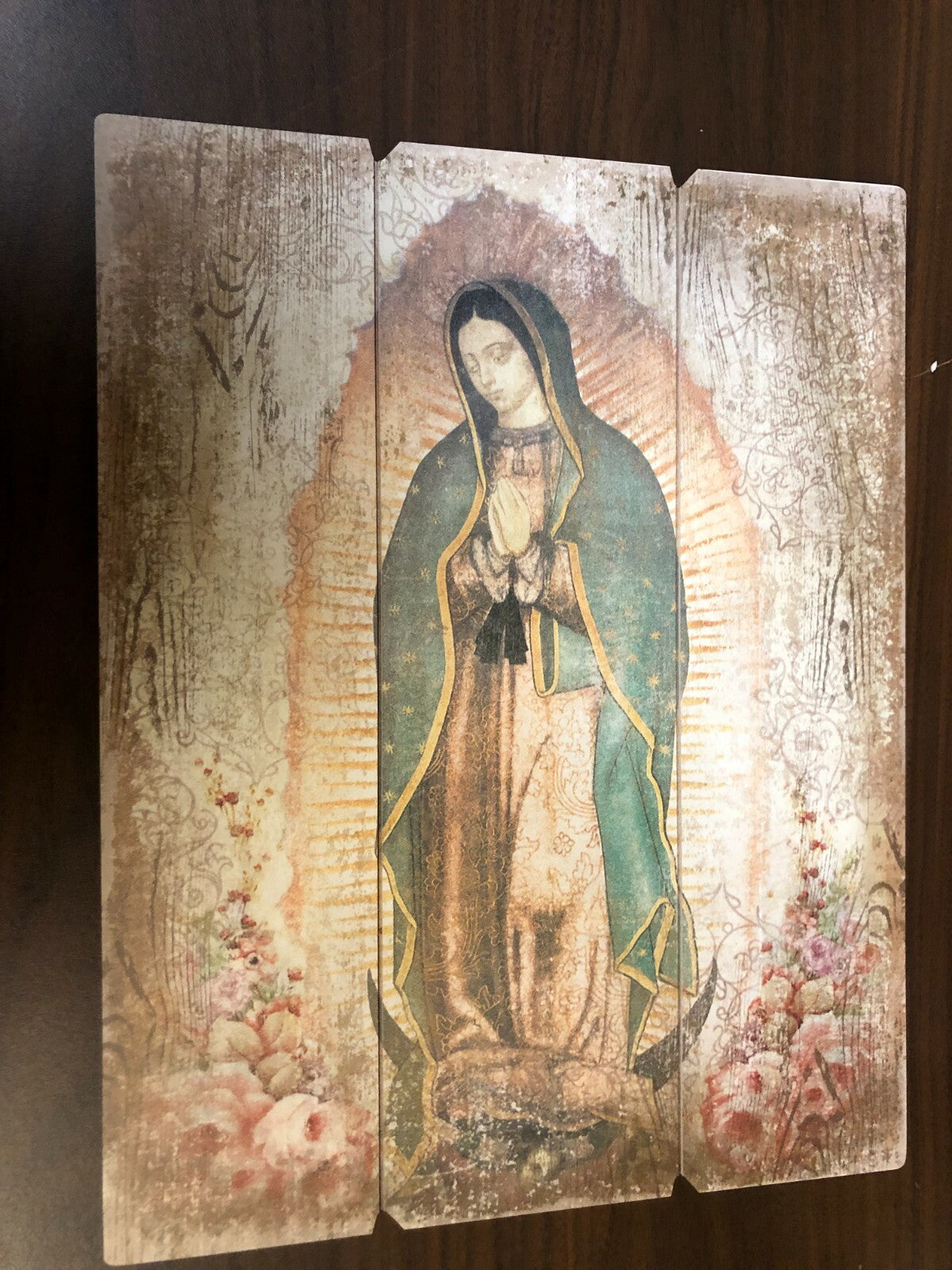 Our Lady of Guadalupe image on wood pallet plaque, Christian religious collectible by Journeys of Faith, detailed spiritual wall decor.