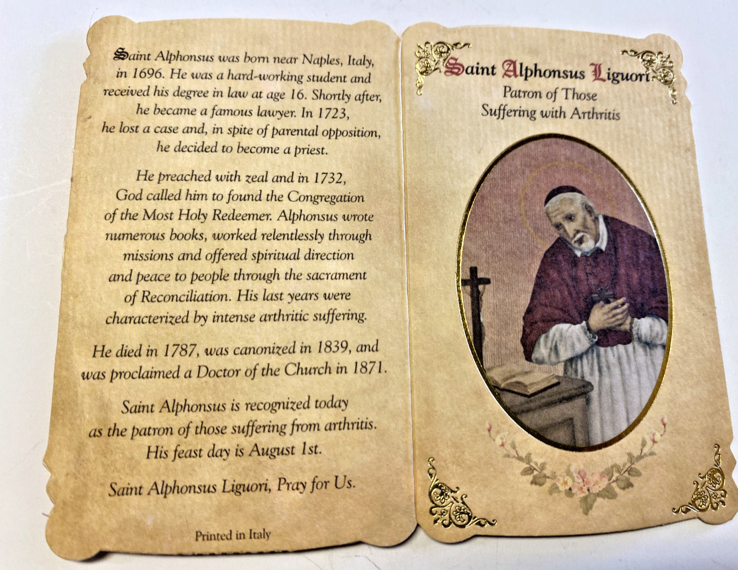 Saint Alphonsus Ligouri "Arthritis Prayer" Card + Medal, New from Italy - Bob and Penny Lord