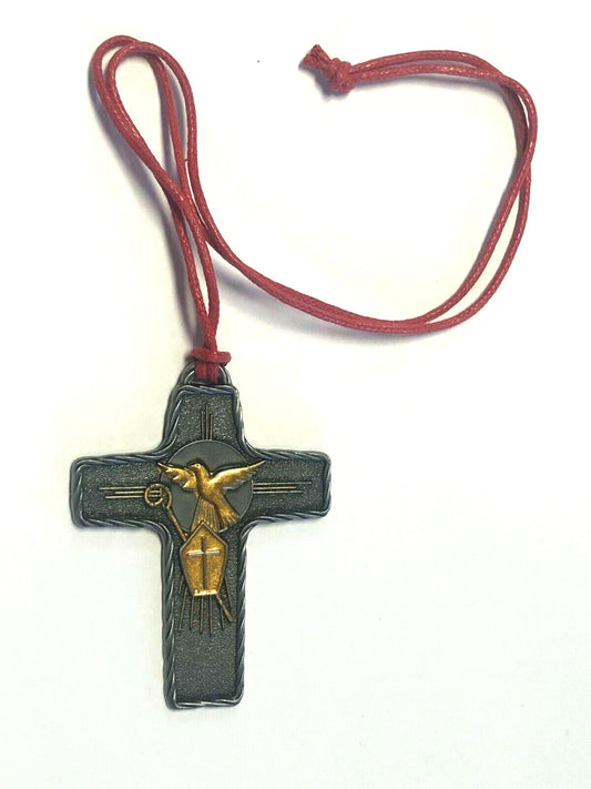 Confirmation Cross on red cord by Bob and Penny Lord, featuring a small Christian crucifix with a red cord for religious symbolism.