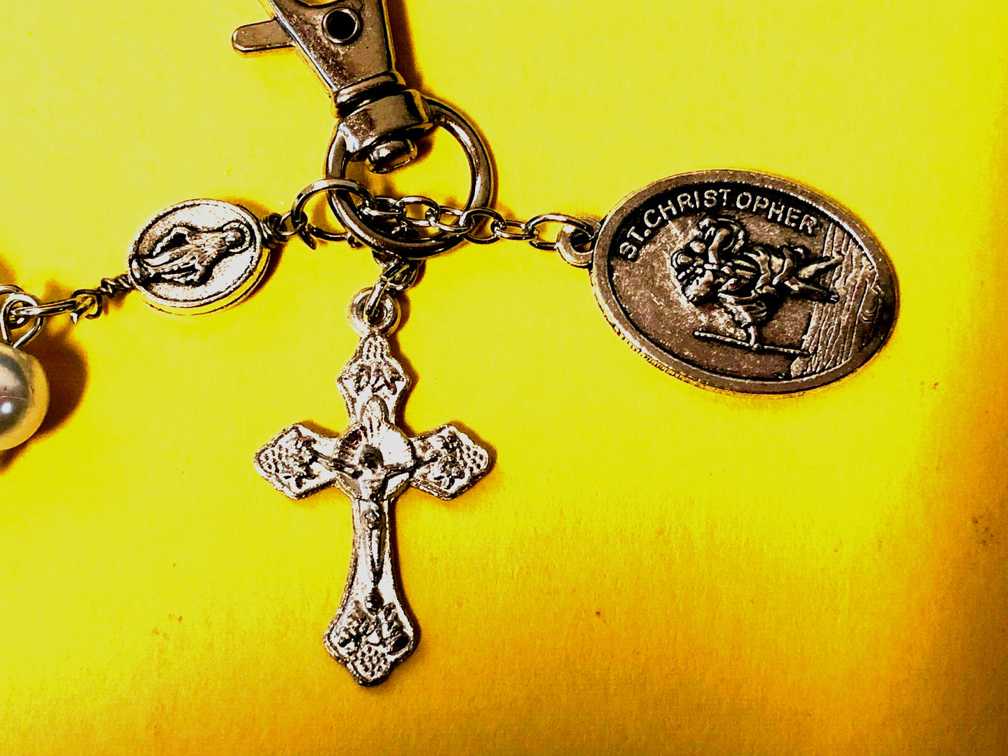 Saint Christopher Faux Pearls 1 decade Rosary Clip + Prayer Card, New ,#MD-047 - Journeys of Faith