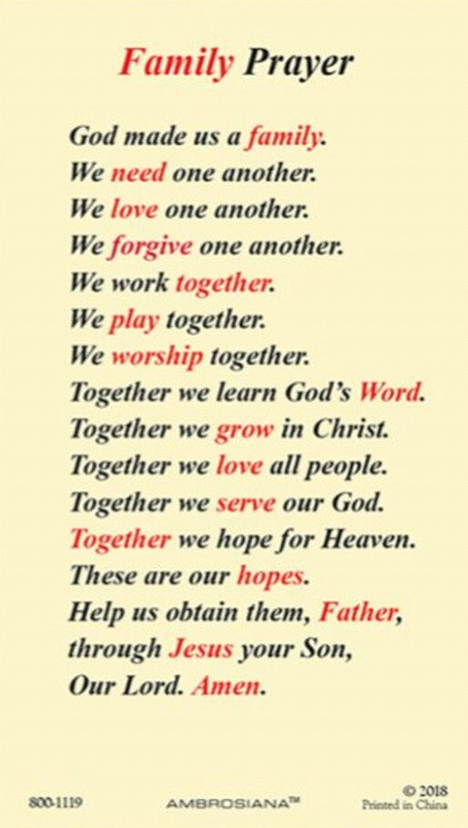 Laminated Holy Family "Family Prayer" card by Bob and Penny Lord Journeys of Faith, Christian religious collectible with prayer image.