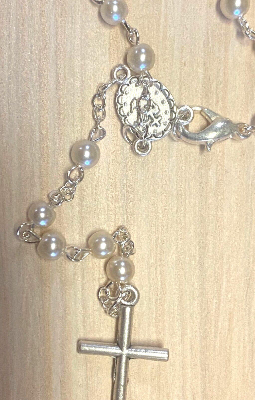 White Faux Pearl  Rosary 15" L , Necklace New from Jerusalem - Journeys of Faith