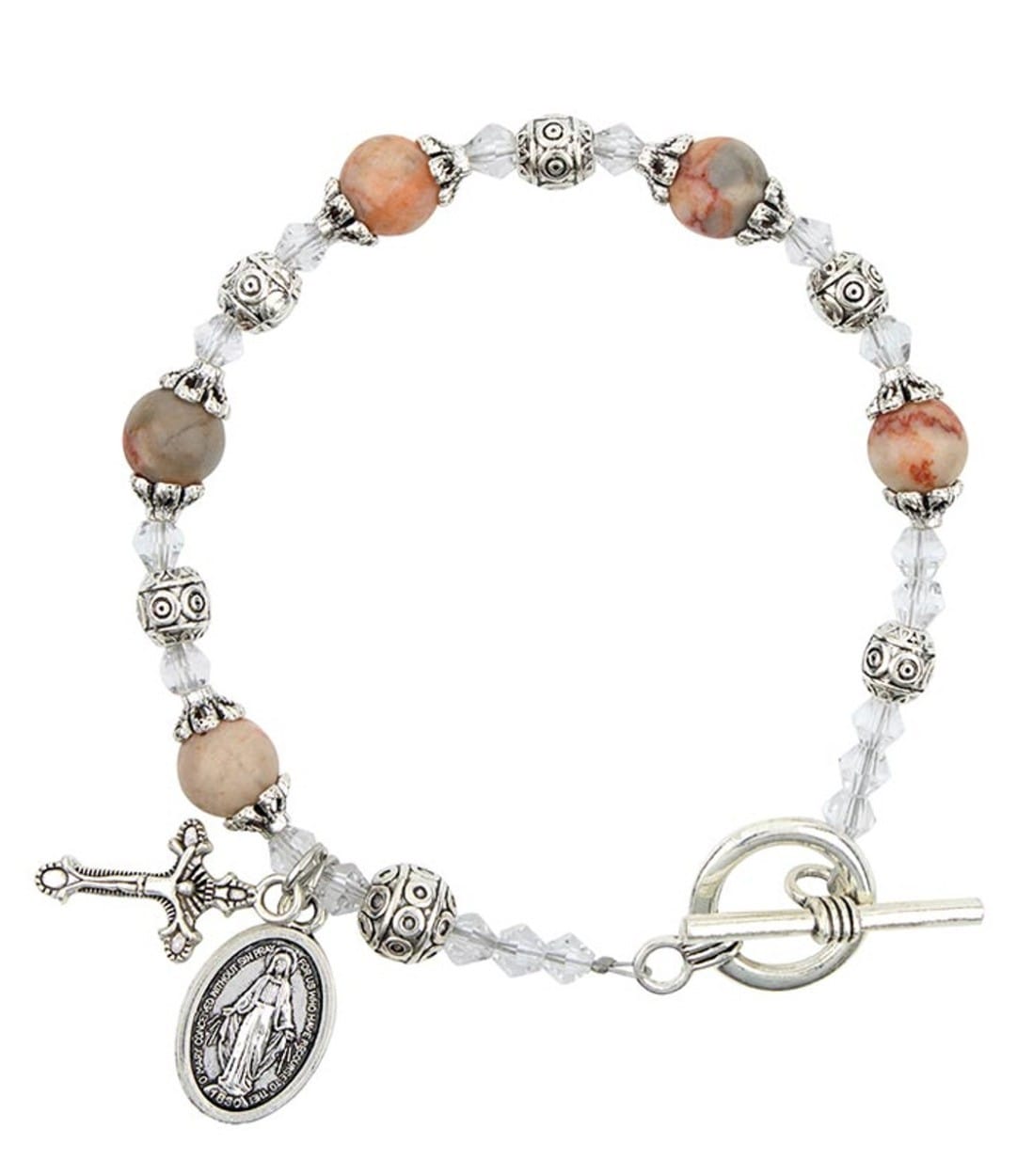Light brown and beige Miraculous Medal Madonna del Parto bracelet by Journeys of Faith, Christian religious jewelry.