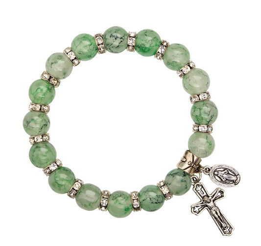 O L of the Miraculous  Medal Green Marbled Glass Bracelet, New #Gftshp-150 - Journeys of Faith