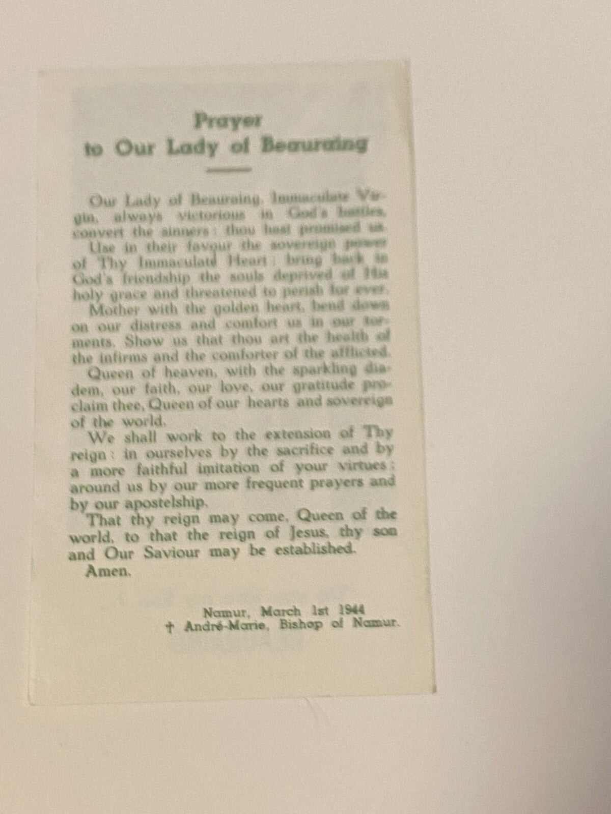 Our Lady of Beauraing prayer card from Belgium, Christian holy card by Bob and Penny Lord, featuring religious imagery and prayer text.