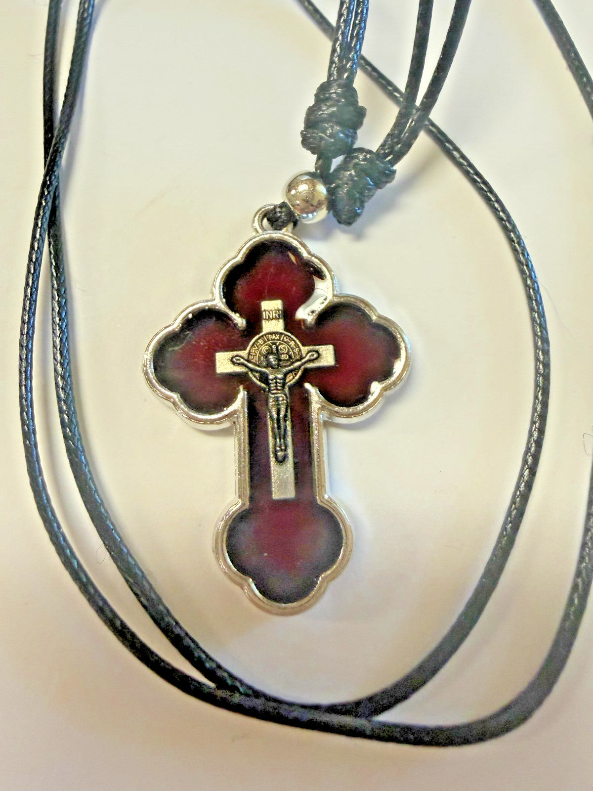 Saint Benedict Dark Red Budded Crucifix Cord Necklace, New  #Gftshp-153 - Journeys of Faith