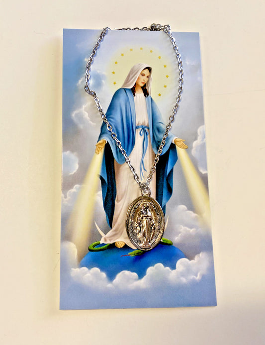 MIraculous Medal Pendant Necklace & Prayer Card, New #AB-281-R2 - Journeys of Faith