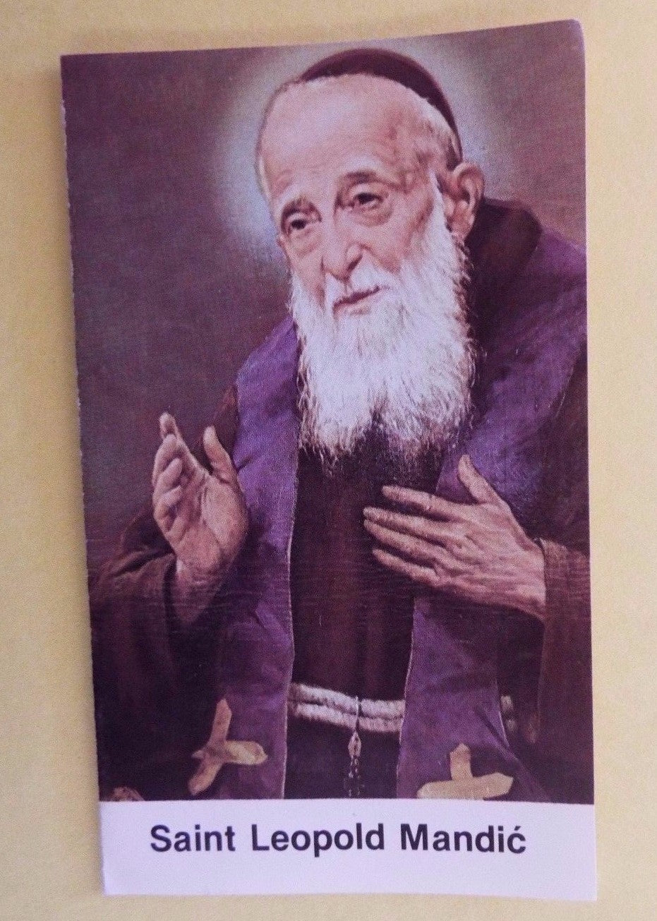 Saint Leopold Mandic novena and short bio folder, religious Holy Cards from Bob and Penny Lord, featuring Christian spirituality.