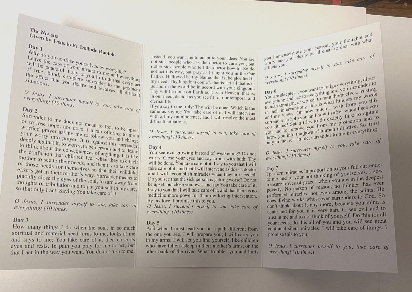 Novena of Surrender Surrender Novena by Fr Dolindo Ruotolo, Tri-fold New #PC-06 - Journeys of Faith