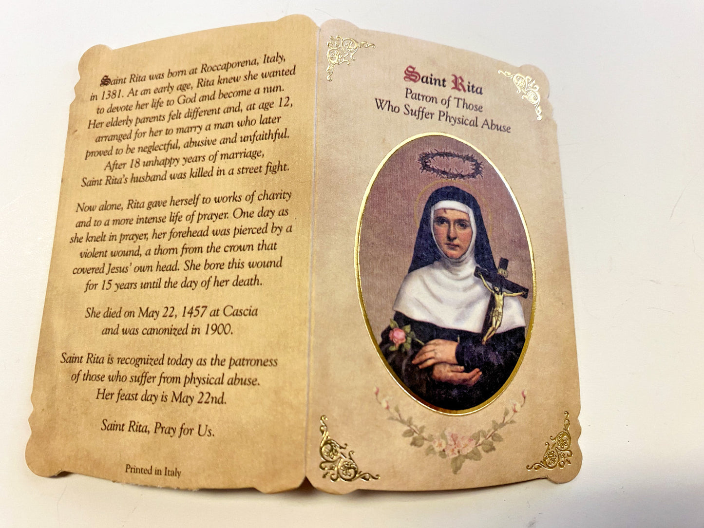 Saint Rita of Cascia(Patron St of Abused) Prayer Card + Medal,  New #PCM-026
