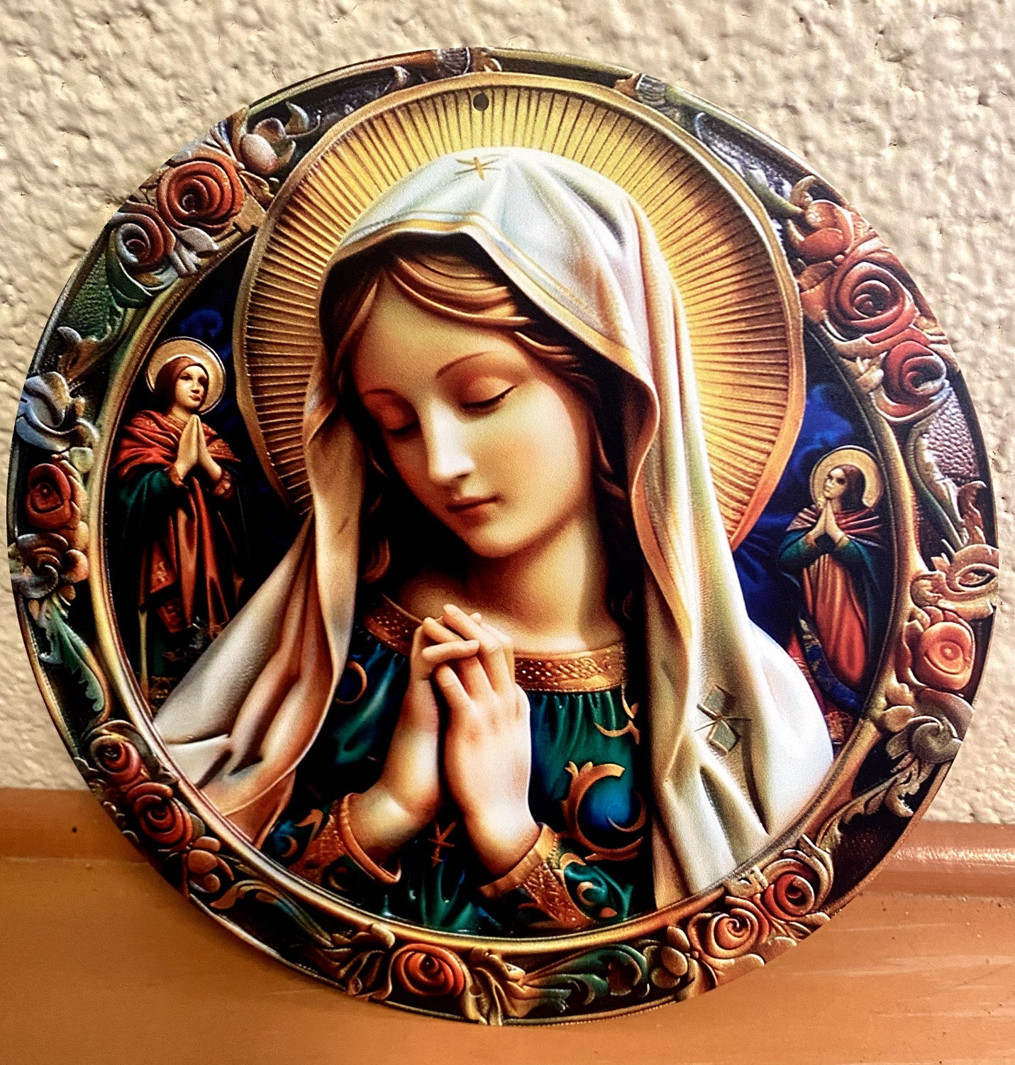 Blessed Virgin Mary Icon Style Aluminum 8" Round Image, New #ALM-010-gftshp - Journeys of Faith