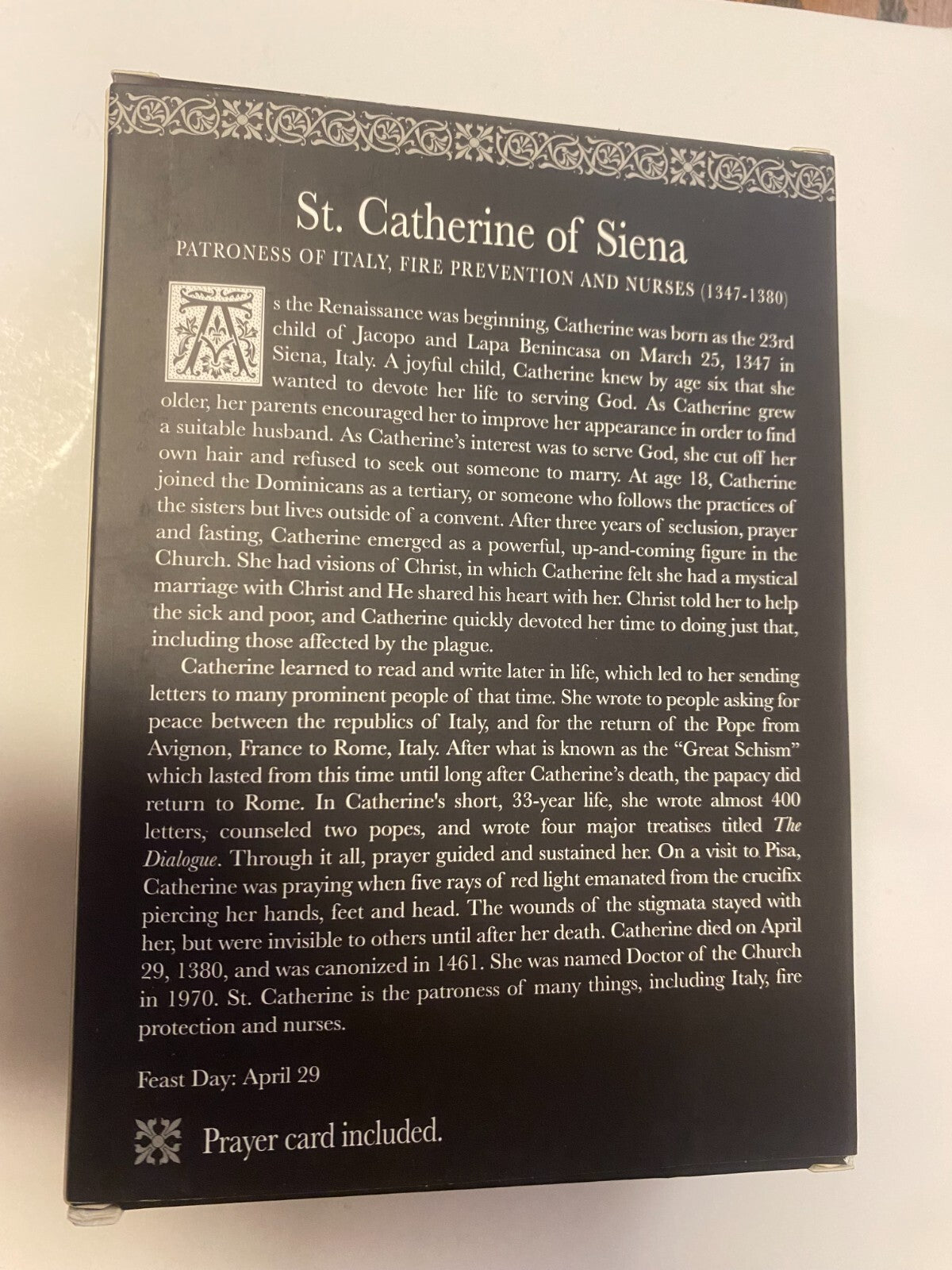 Small 3.75-inch Saint Catherine of Siena statue with prayer card, featuring detailed religious figure by Bob and Penny Lord.