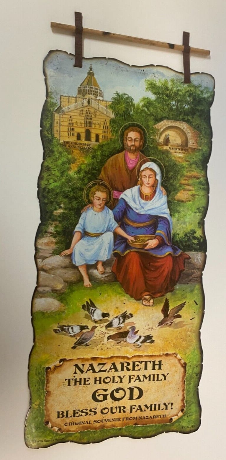 Holy Family wax paper wall canvas with scalloped edges, Christian religious artwork by Journeys of Faith, depicting the Holy Family.