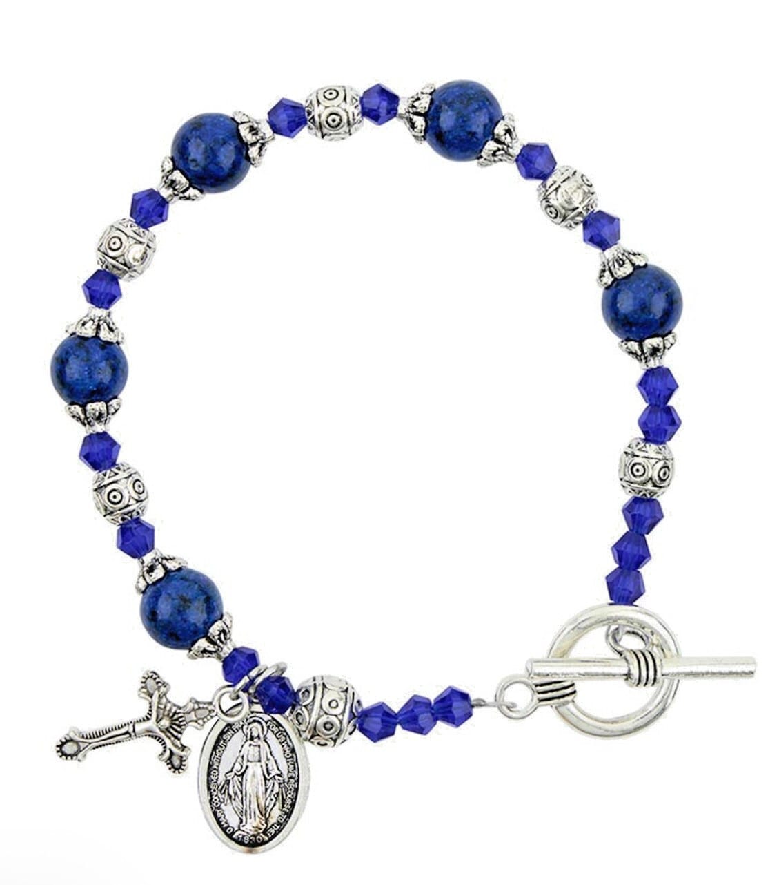 Miraculous Medal Sapphire Madonna del Parto bracelet featuring religious jewelry with a Madonna pendant and sapphire accents.