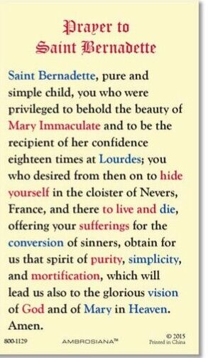 Saint Bernadette Laminated Prayer Card, New #PCL-27