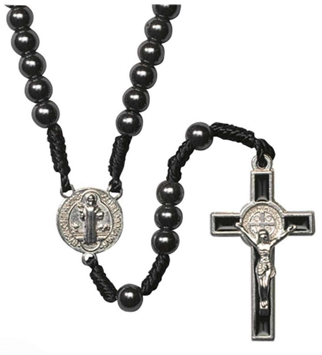 Saint Benedict Hematite Corded Small Rosary,  New #AB-082