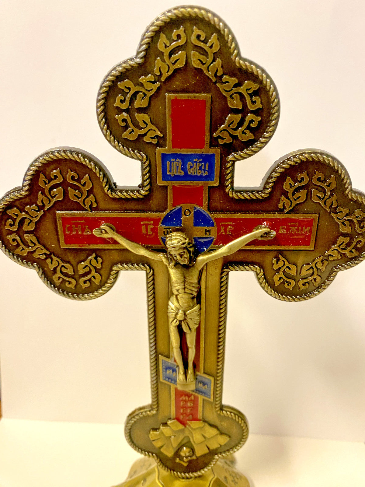 Standing antique gold 8-inch crucifix with detailed Christian cross design by Bob and Penny Lord, suitable for religious collectibles.