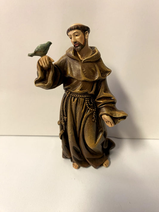 Small 4-inch Saint Francis of Assisi statue by Bob and Penny Lord, Christian collectible figurine with detailed craftsmanship.
